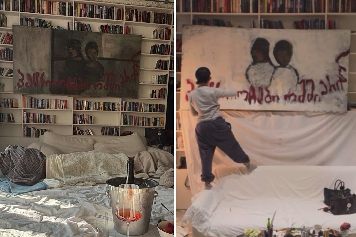 Left: The original version of the painting in a Stamba Hotel room. Right: A foreign guest painting over the artwork. Photos via social media.