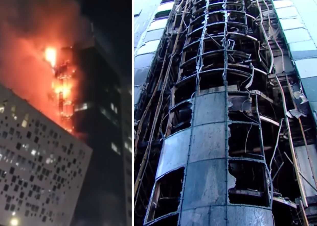 Fire and its aftermath at the Liberty Bank headquarters in Tbilisi. Photos via IPN and TV Pirveli.