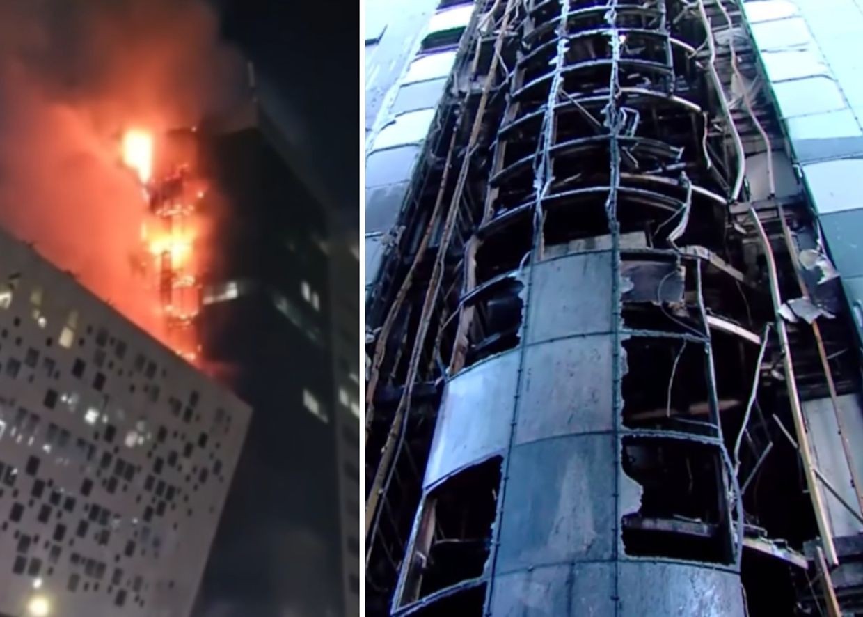 Fire and its aftermath at the Liberty Bank headquarters in Tbilisi. Photos via IPN and TV Pirveli.