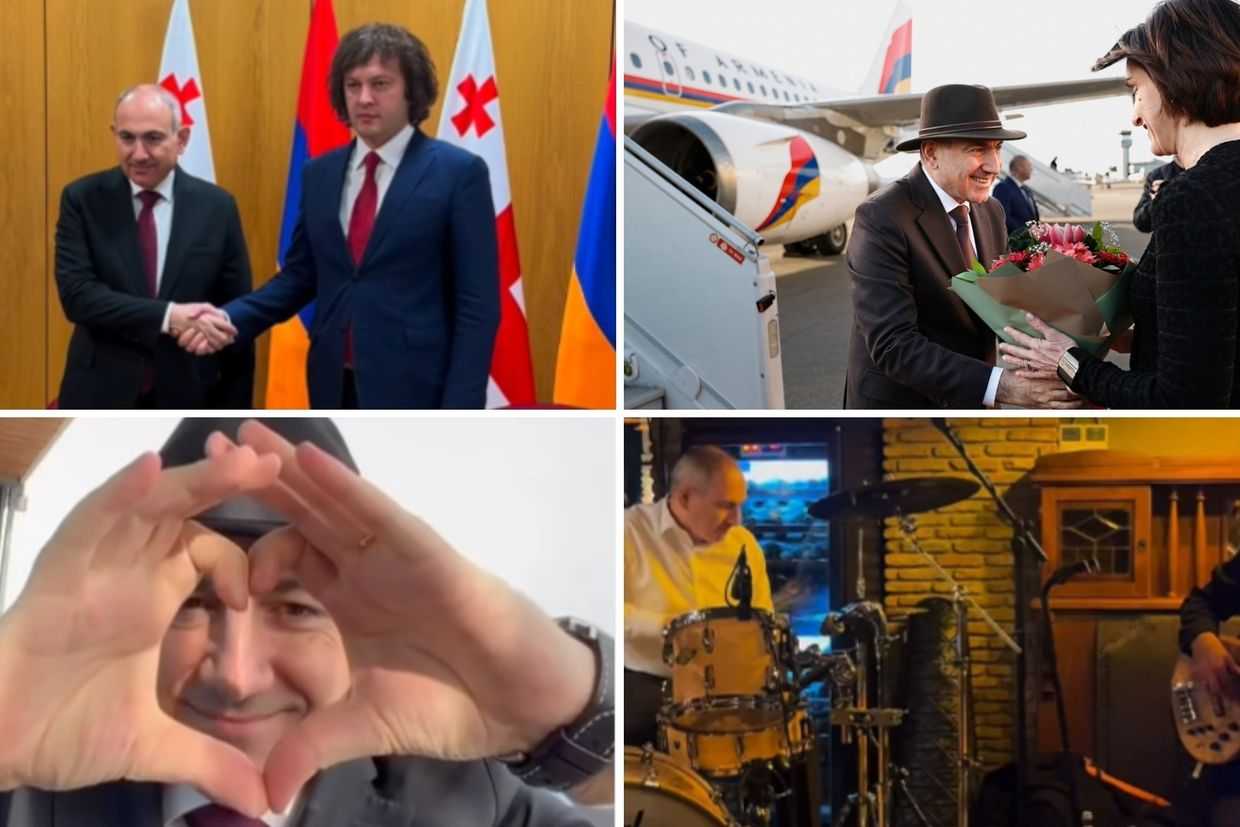 From bottom left: Pashinyan greeting the social media audience from Georgia; the meeting between Pashinyan and Kobakhidze; Pashinyan presenting flowers to Georgia’s Foreign Minister Maka Bochorishvili at Tbilisi International Airport; Pashinyan playing the drums in Kakheti. Photos via social media.