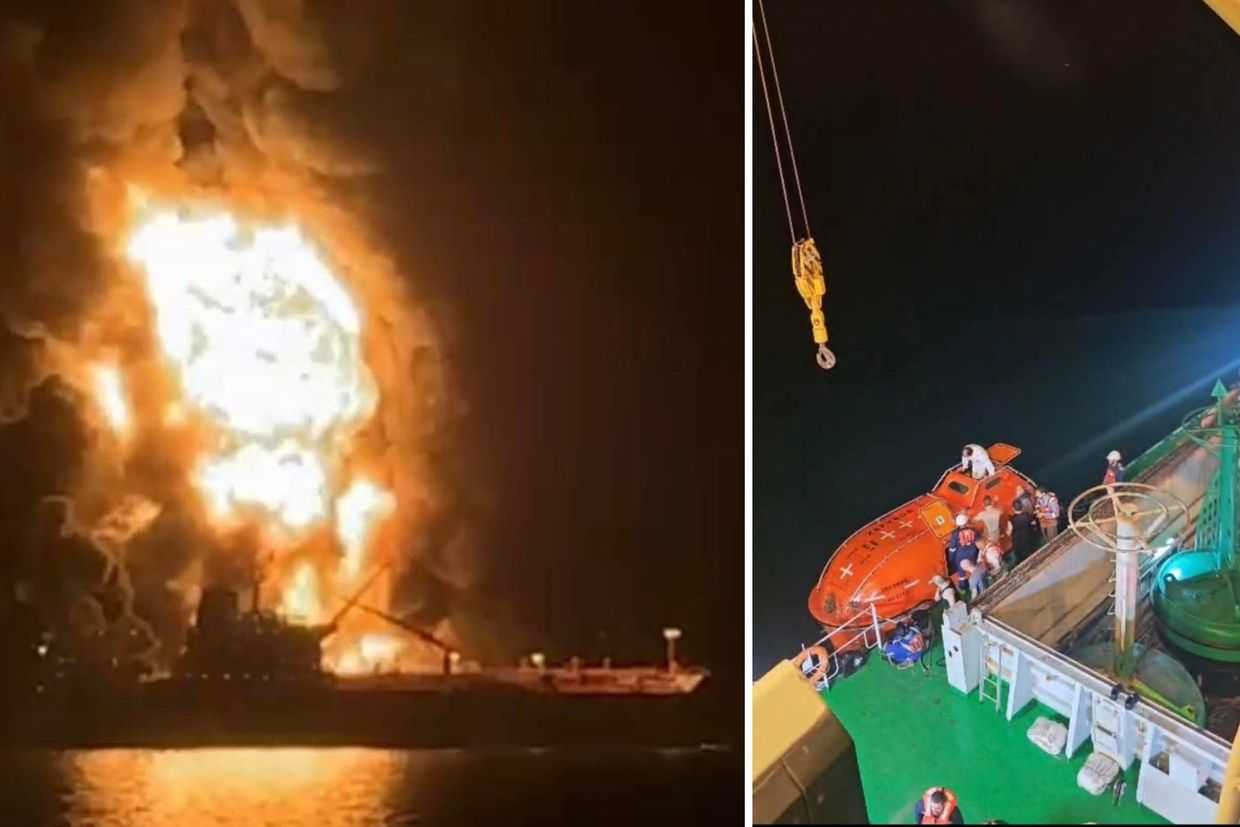 Left: An unnamed tanker burning in Iraqi waters. Right: Rescue operations following the attacks on the vessels. Photos: General Company for Ports of Iraq.