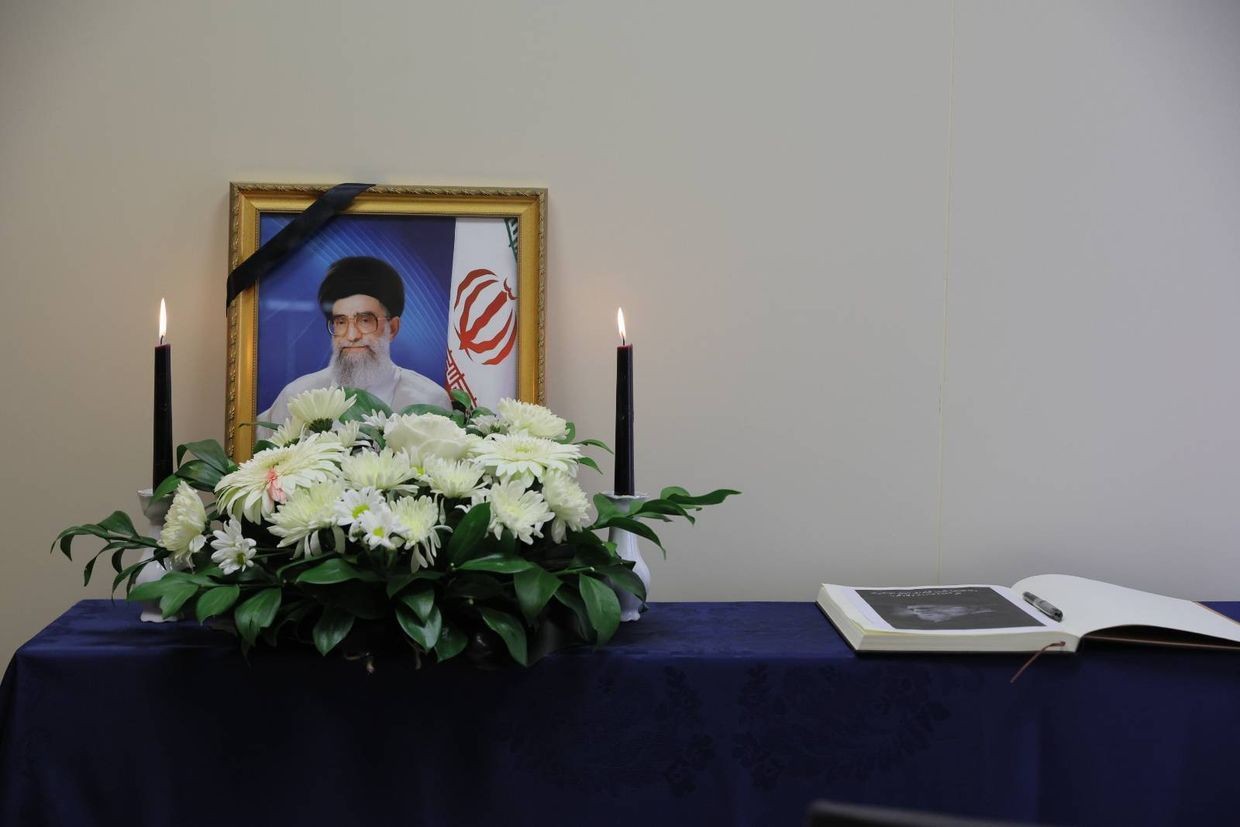 A memorial for Iran’s slain Supreme Leader Ali Khamenei at the Iranian embassy in Tbilisi.