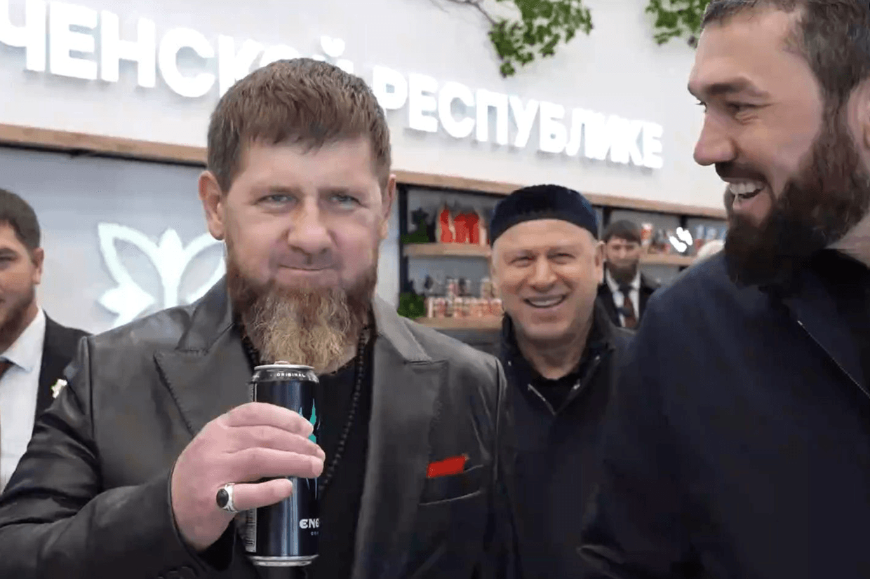 Ramzan Kadyrov with energy drink called after his son, April 2026. Screengrab from media.