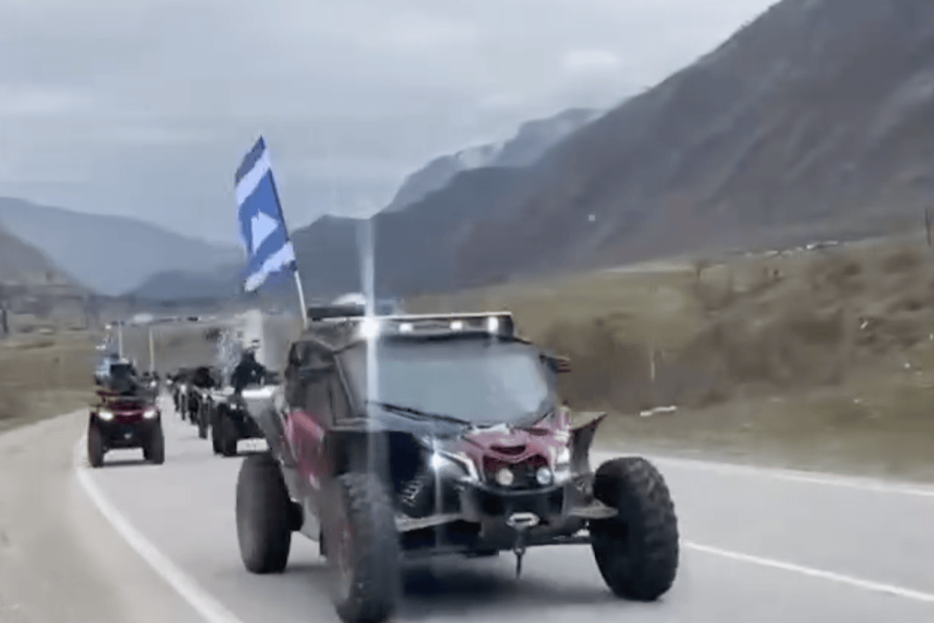 Car rally in the Day of the Revival of the Balkar People held on 28 March 2026. Screengrab from video.