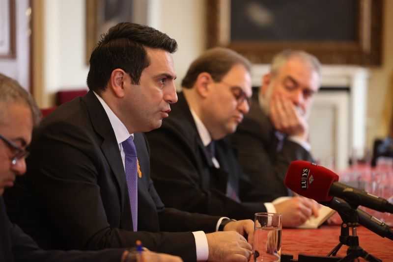 Armenian Parliamentary Speaker Alen Simonyan speaking to Armenian media in Turkey in April 2026. Official photo.