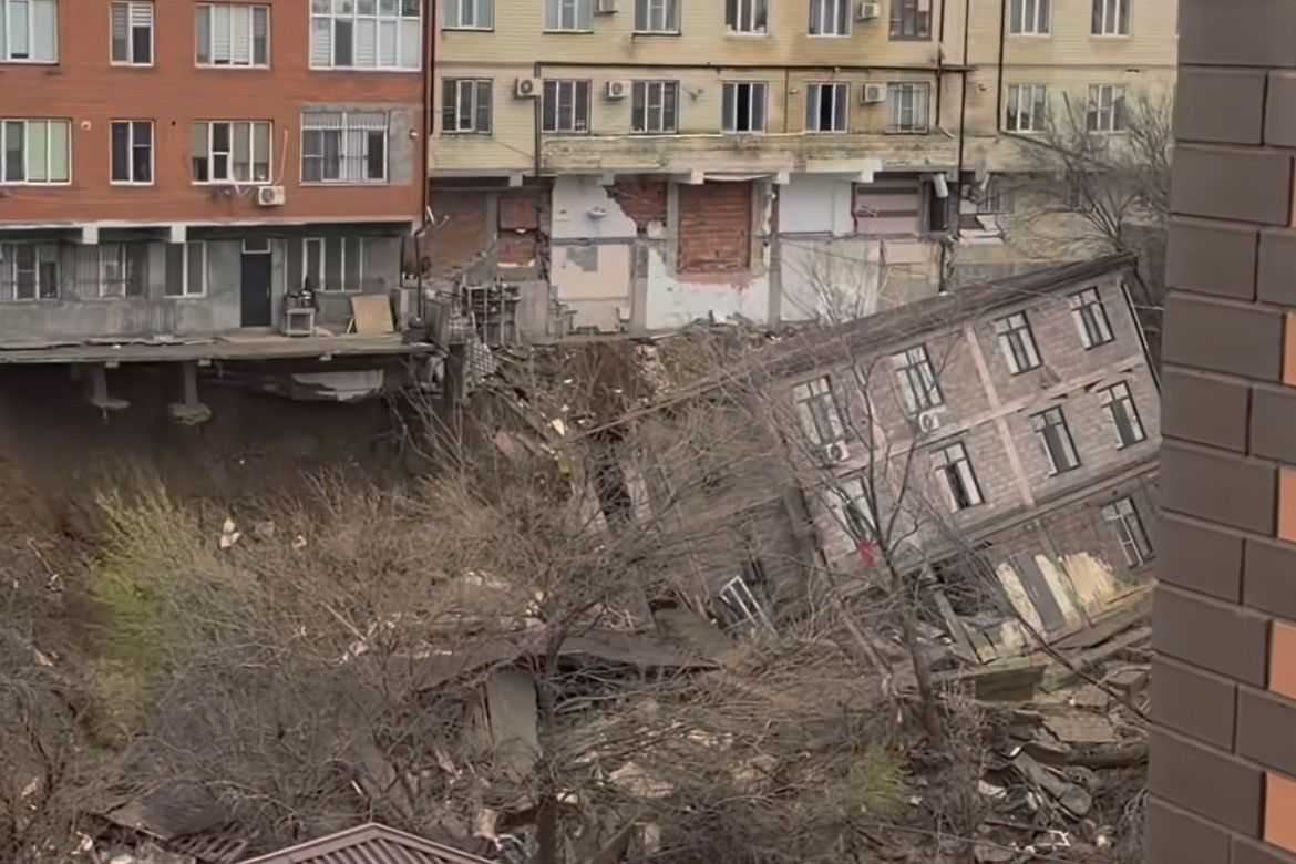 A collapsed building in Makhachkala following floods caused by heavy rain. Screengrab via social media.