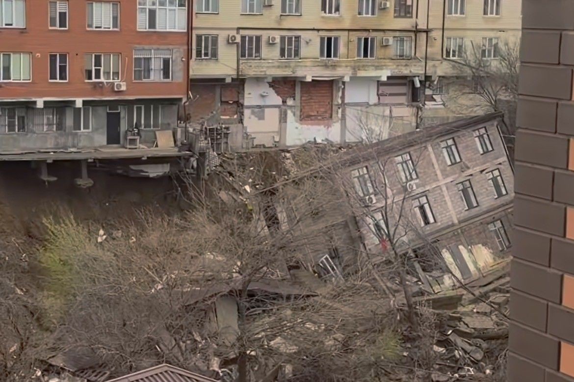 A collapsed building in Makhachkala following floods caused by heavy rain. Screengrab via social media.