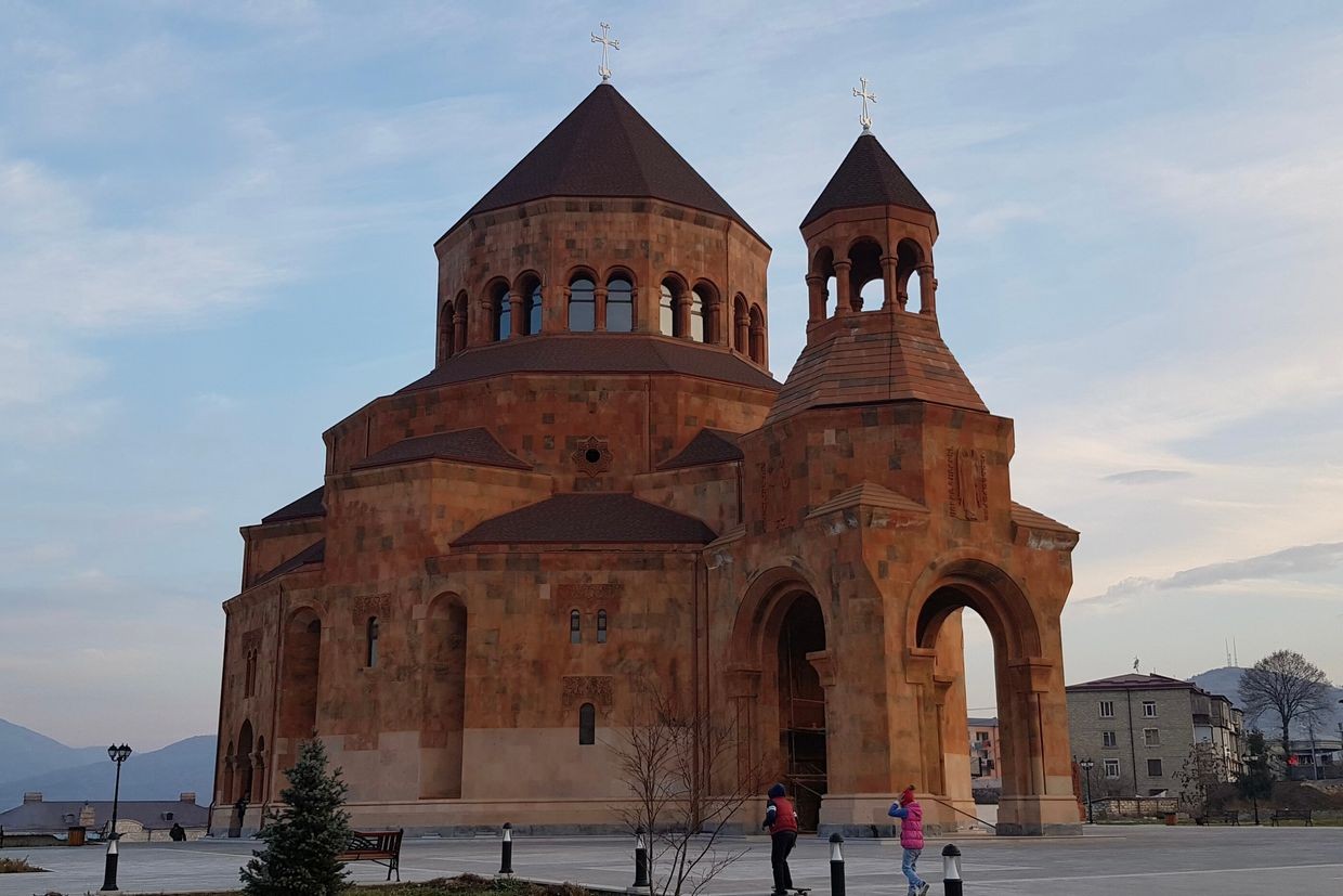 The Holy Mother of God Cathedral in Stepanakert, Nagorno-Karabakh. Photo via Wikimedia Commons.