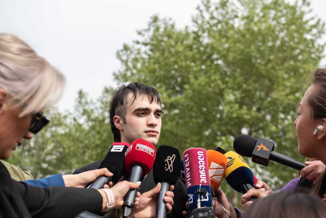 Lazare Grigoriadis speaking to journalists after his release in April 2024. Photo: Mariam Nikuradze/OC Media.