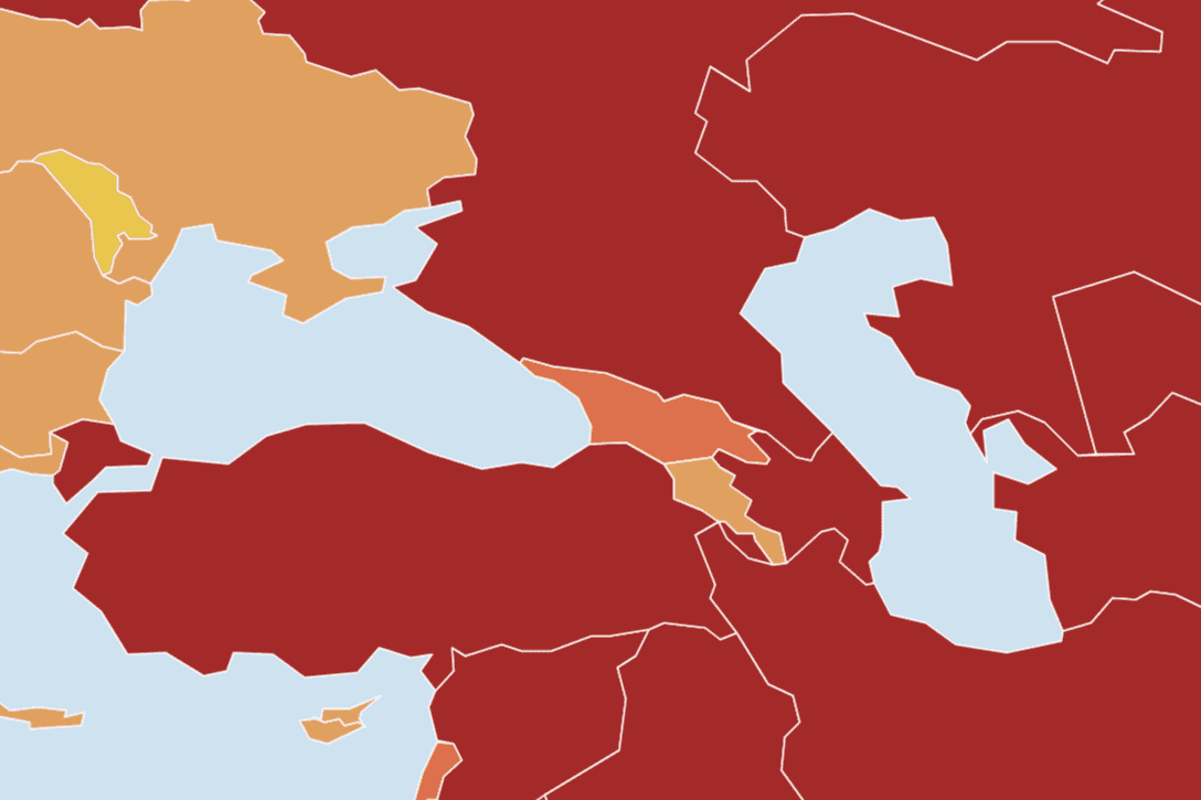 The South Caucasus in the Reporters Without Borders annual World Press Freedom Index. Screengrab from map.
