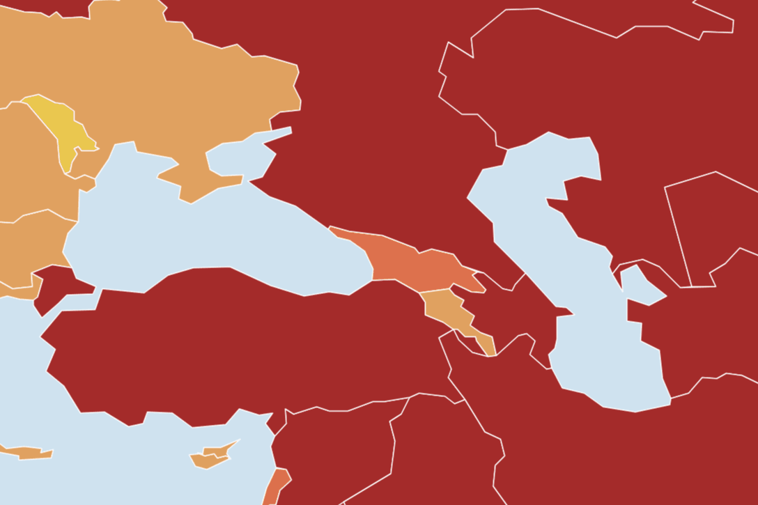 The South Caucasus in the <strong>Reporters Without Borders annual World Press Freedom Index. Screengrab from map.</strong>