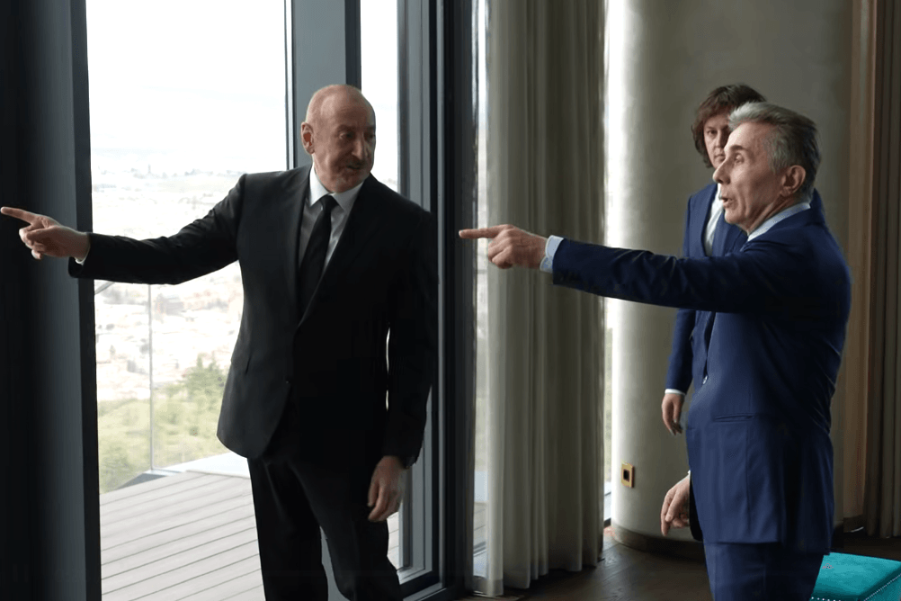 Bidzina Ivanishvili, the billionaire founder of the ruling Georgian Dream party, and Azerbaijani President Ilham Aliyev, along with Prime Minister Irakli Kobakhidze, at Ivanishvili’s business centre on 6 April 2026. Screengrab from a Georgian Dream video.
