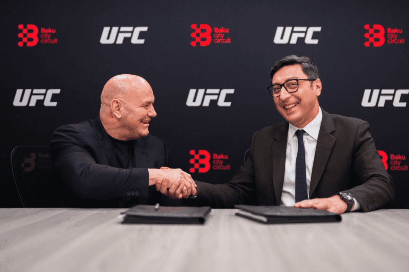 UFC President and CEO Dana White (left) and Azerbaijani Youth and Sports Minister Farid Gayibov (right) at the signing ceremony in Las Vegas in April 2026. Official photo.