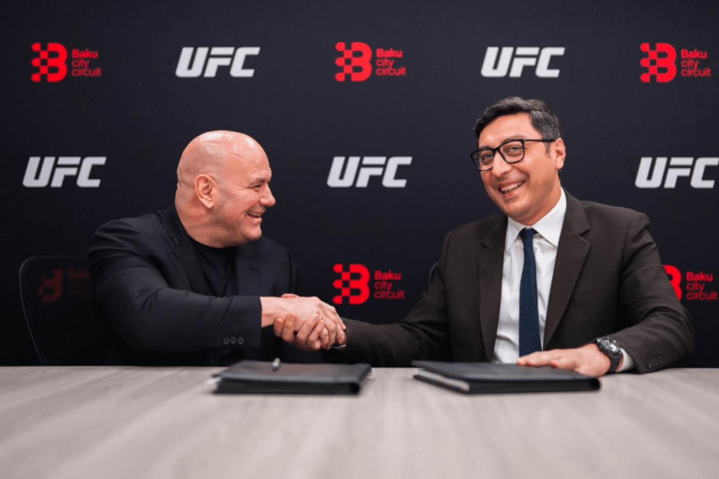 UFC President and CEO Dana White (left) and Azerbaijani Youth and Sports Minister Farid Gayibov (right) at the signing ceremony in Las Vegas in April 2026. Official photo.