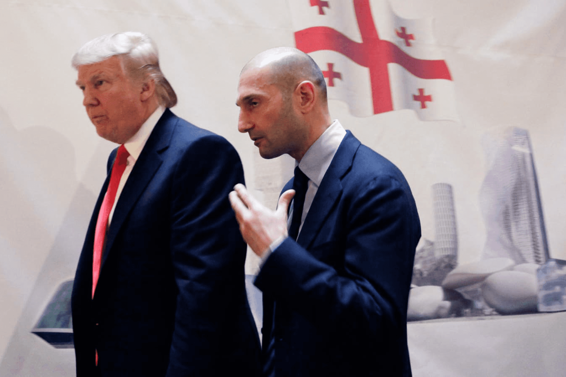 Donald Trump (left) and George Ramishvili, Chair of the Silk Road Group, talk following a news conference in New York in 2011, having agreed to build a Trump Tower in Georgia. Photo: AP Photo/Mark Lennihan.