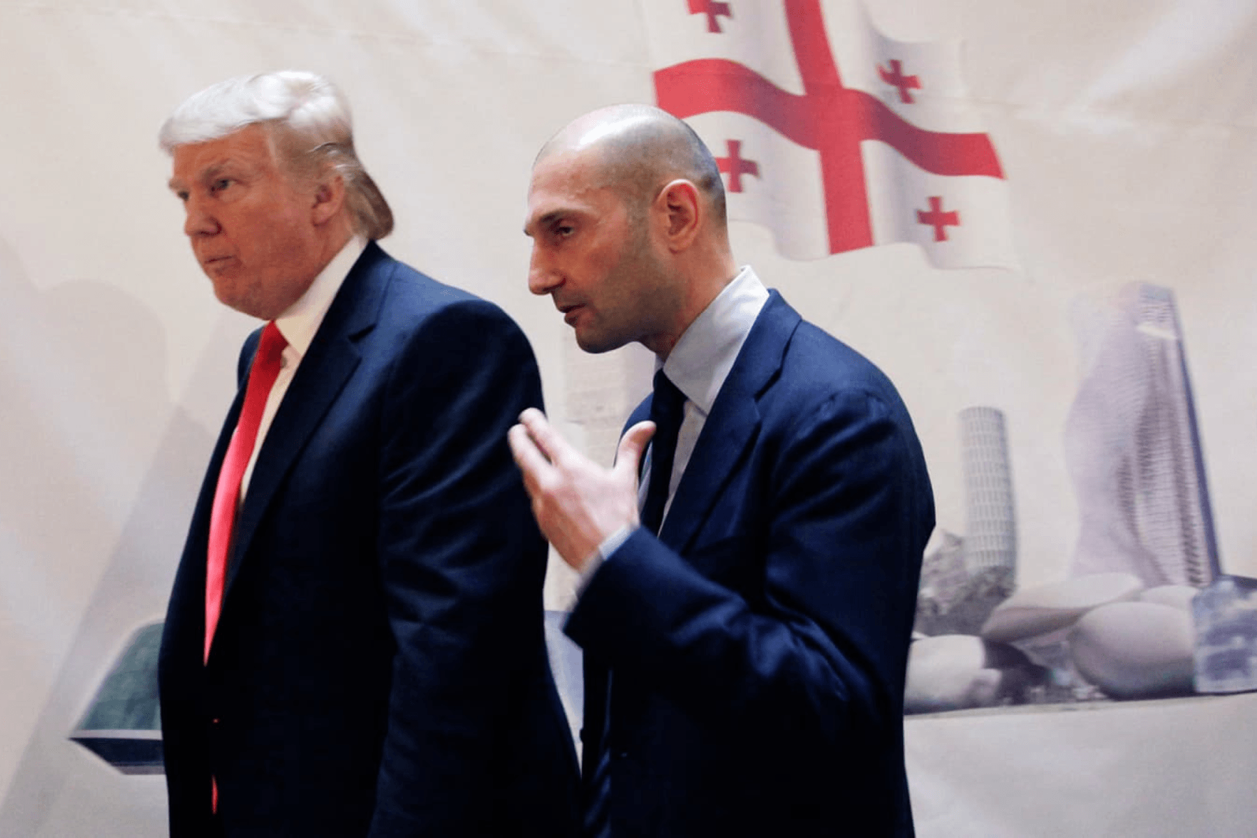 Donald Trump (left) and George Ramishvili, Chair of the Silk Road Group, talk following a news conference in New York in 2011, having agreed to build a Trump Tower in Georgia. Photo: AP Photo/Mark Lennihan.