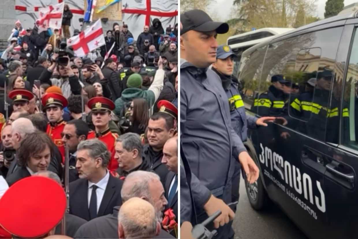 Left: Prime-Minister Irakli Kobakhidze and President Mikheil Kavelashvili at the 9 April memorial, with anti-government demonstrators in the background. Screengrab from a Publika video. Right: Police on Rustaveli Avenue. Screengrab from a social media video.