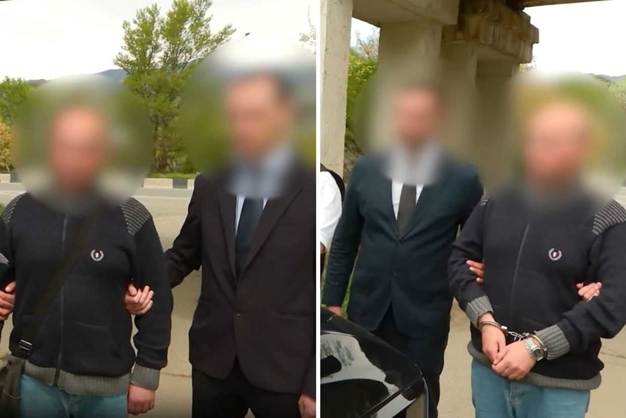 The detention of a man by Georgia’s State Security Service (SSG) on espionage charges on 22 April 2026. Screengrab from official video.