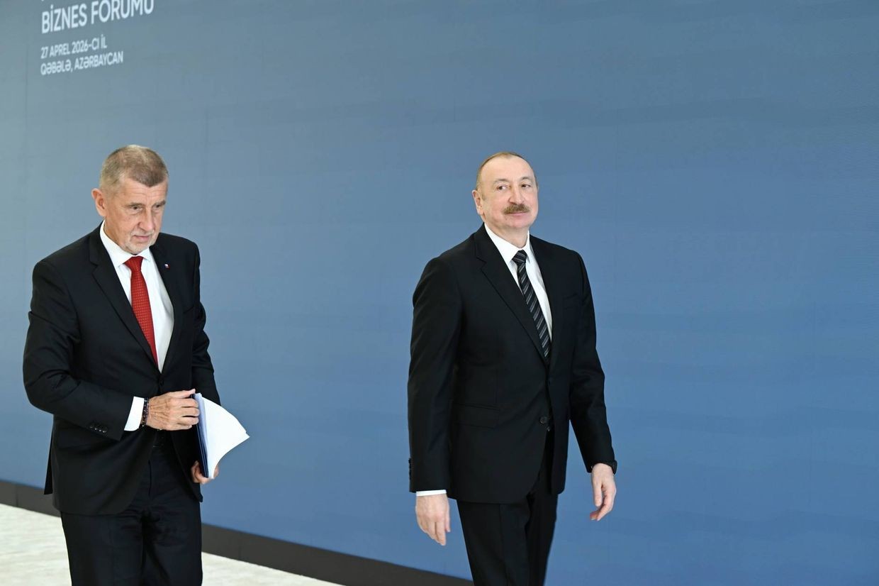 Left Czech Prime Minister Andrej Babiš and President Ilham Aliyev during the Czech–Azerbaijani entrepreneurial forum on 27 April 2025. Official photo.