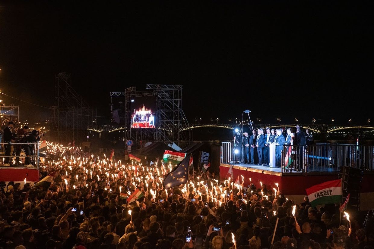 Péter Magyar celebrates the election victory over Hungarian Prime Minister Viktor Orbán in Budapest on 12 April 2026. Photo: Mariam Nikuradze/OC Media.