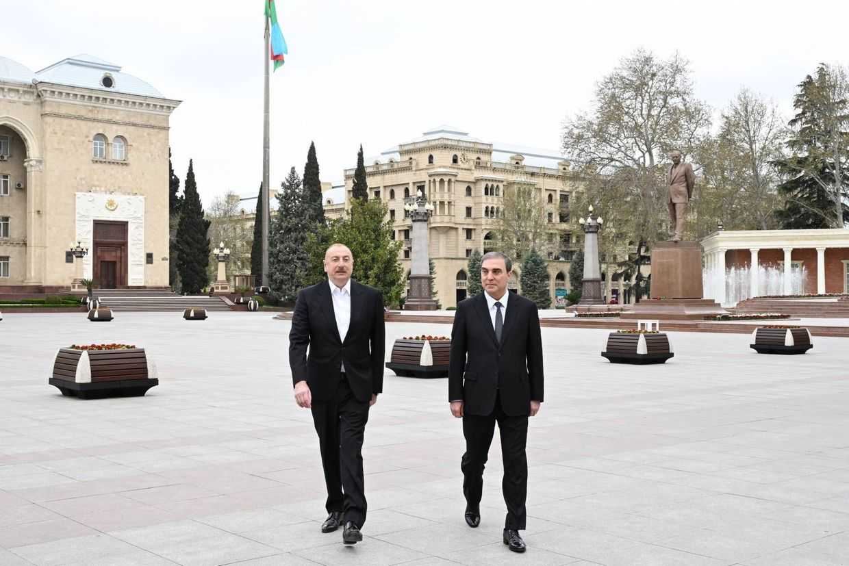 President Ilham Aliyev during a visit to Ganja together with the head of the executive authority Niyazi Bayramov on 20 August 2025. Official photo.