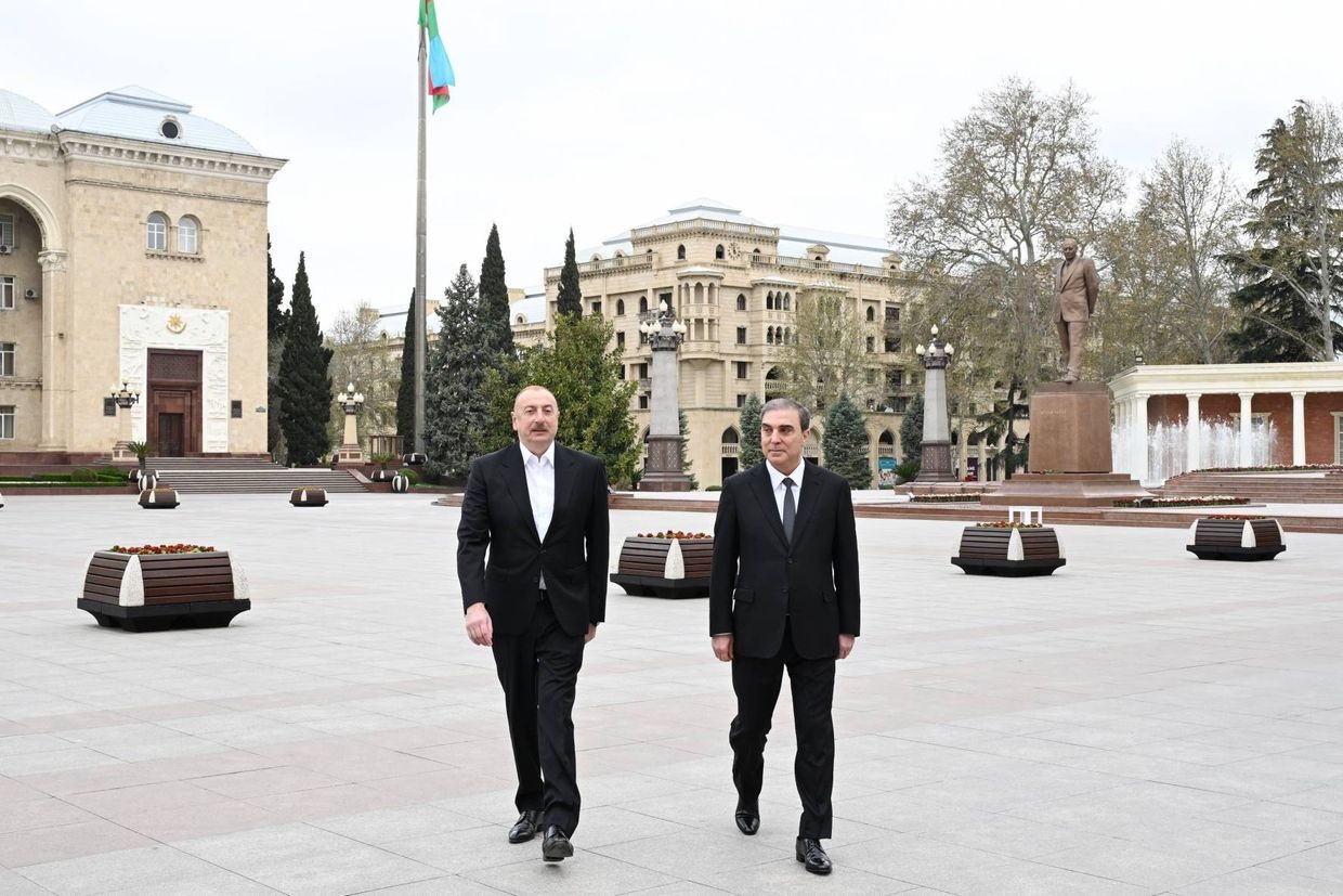 President Ilham Aliyev during a visit to Ganja together with the head of the executive authority Niyazi Bayramov on 20 August 2025. Official photo.