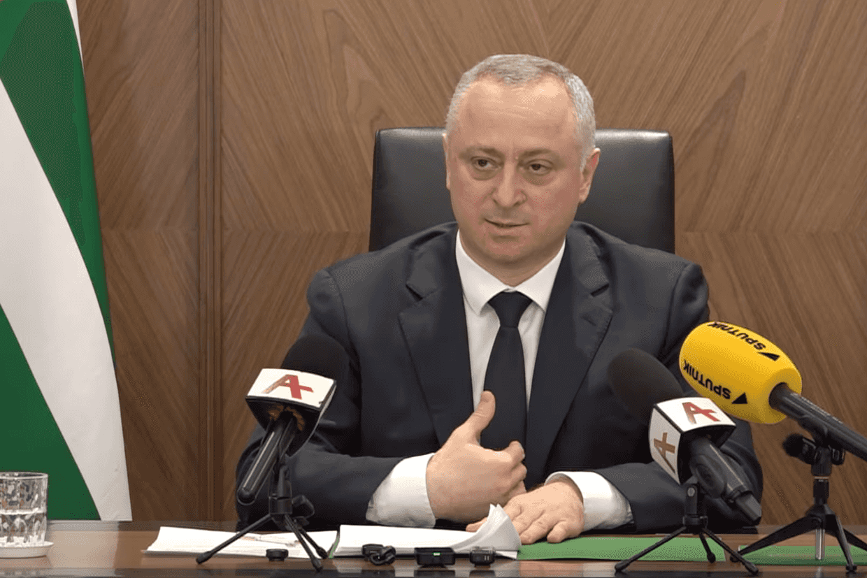 Abkhazian President Badra Gunba gives a press conference on 15 May 2026. Screengrab from video.