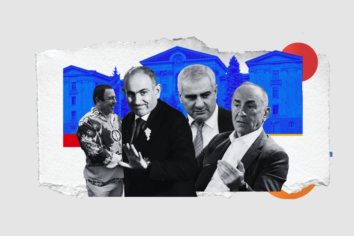 From left to right: businessperson Gagik Tsarukyan of Prosperous Armenia; Armenian Prime Minister Nikol Pashinyan; Armenian–Russian tycoon Samvel Karapetyan; and former president Robert Kocharyan. Collage by OC Media. 