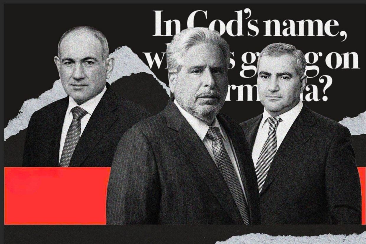 From left to right: Prime Minister Nikol Pashinyan, Attorney Bob Amsterdam, and opposition figure Samvel Karapetyan. Graphic by Joseph Katsitadze/OC Media.