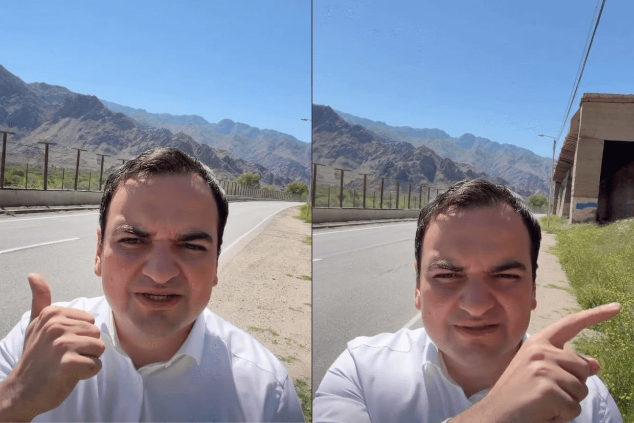 Narek Karapetyan, the nephew of Russian–Armenian tycoon Samvel Karapetyan, showing the Armenia–Iran border and where he says the Trump Route will pass. Screengrab from social media video.