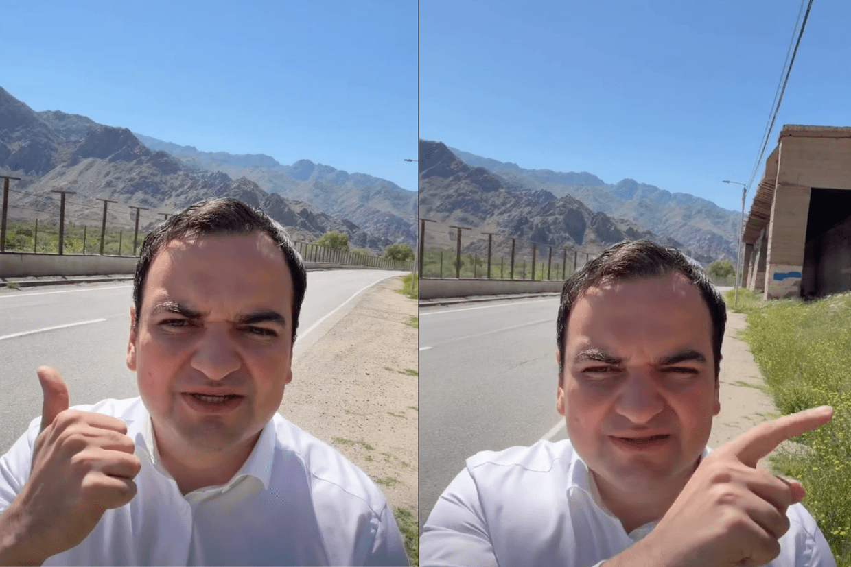 Narek Karapetyan, the nephew of Russian–Armenian tycoon Samvel Karapetyan, showing the Armenia–Iran border and where he says the Trump Route will pass. Screengrab from social media video.