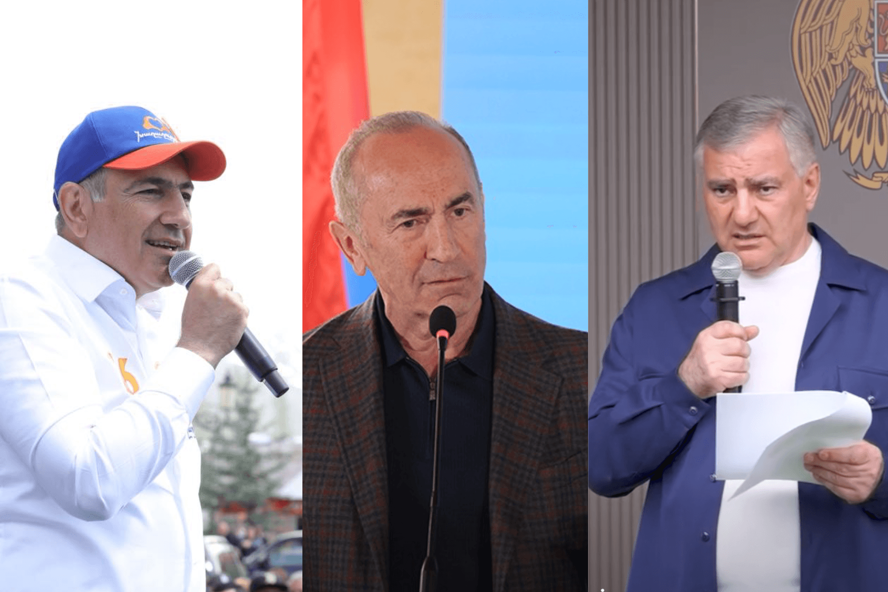 From left to right: Armenian Prime Minister Nikol Pashinyan, Former President Robert Kocharyan, and Russian-Armenian tycoon Samvel Karapetyan during their pre-election campaigns in May 2026. Photos via social media.