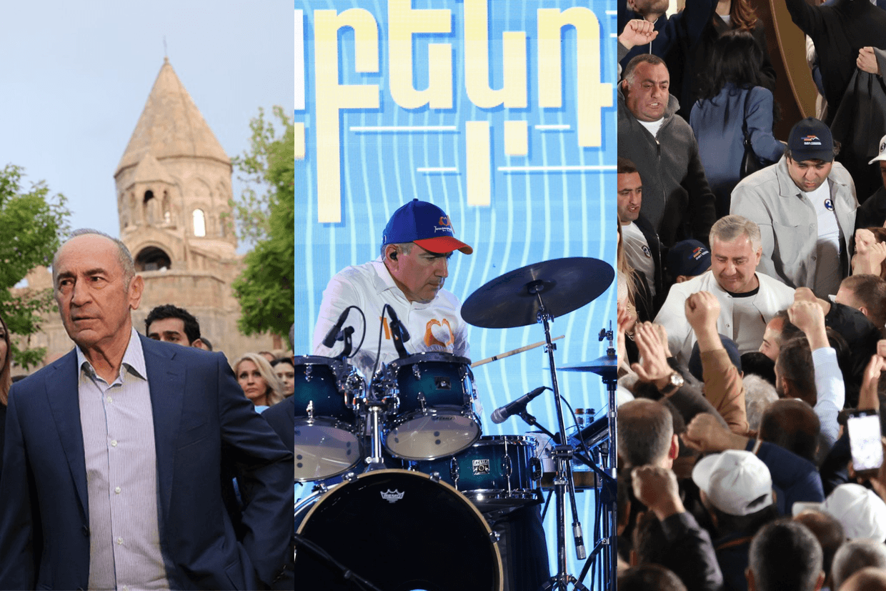 From left to right: Robert Kocharyan, Nikol Pashinyan, and Samvel Karapetyan during the pre-election campaign that kicked off on 8 May 2026. Photos via social media.