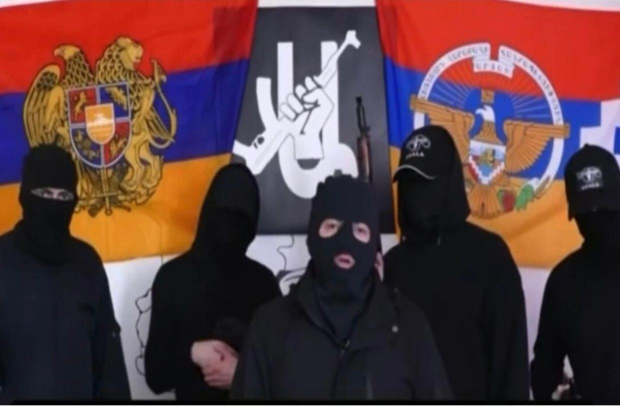 Masked men in a video that contained threats towards Armenian Prime Minister Nikol Pashinyan. Screengrab from video.