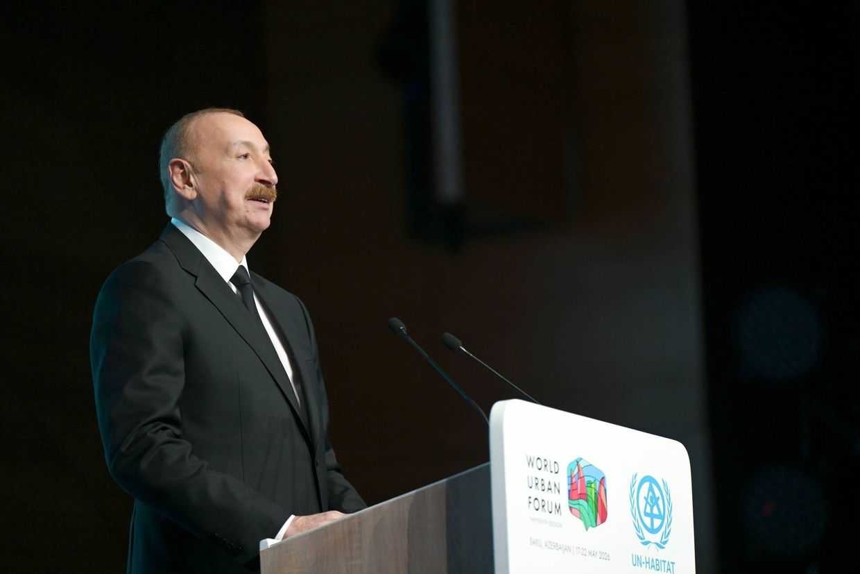 Azerbaijani President Ilham Aliyev delivered a speech on the first day of the 13th session of the World Urban Forum in Baku,18 May 2026. Official photo.