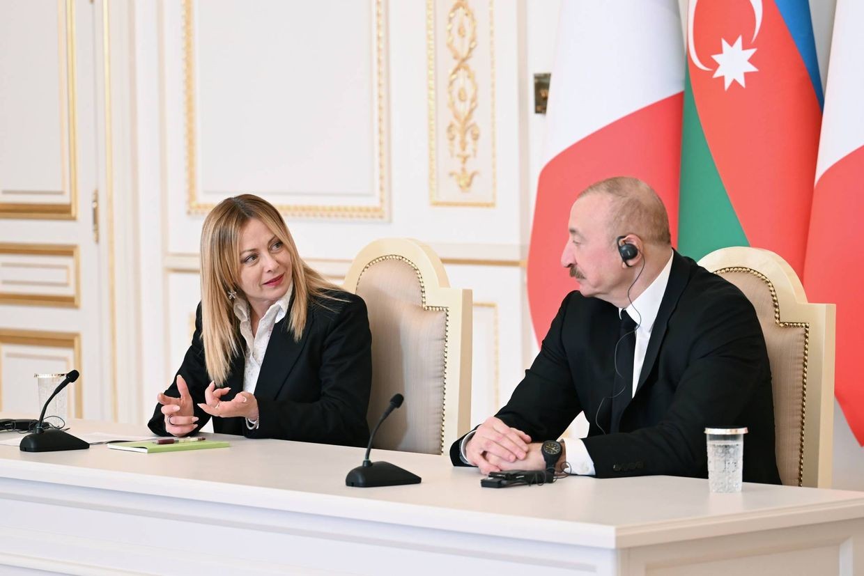 Italian Prime Minister Giorgia Meloni during a press conference in Baku with Azerbaijani President Ilham Aliyev on 4 May 2026. Official photo.
