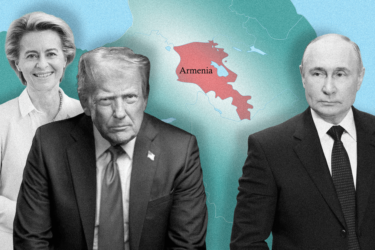 From right to left: European Commission President Ursula von der Leyen, US President Donald Trump, and Russian President Vladimir Putin. Graphic by Joseph Katsitadze/OC Media.