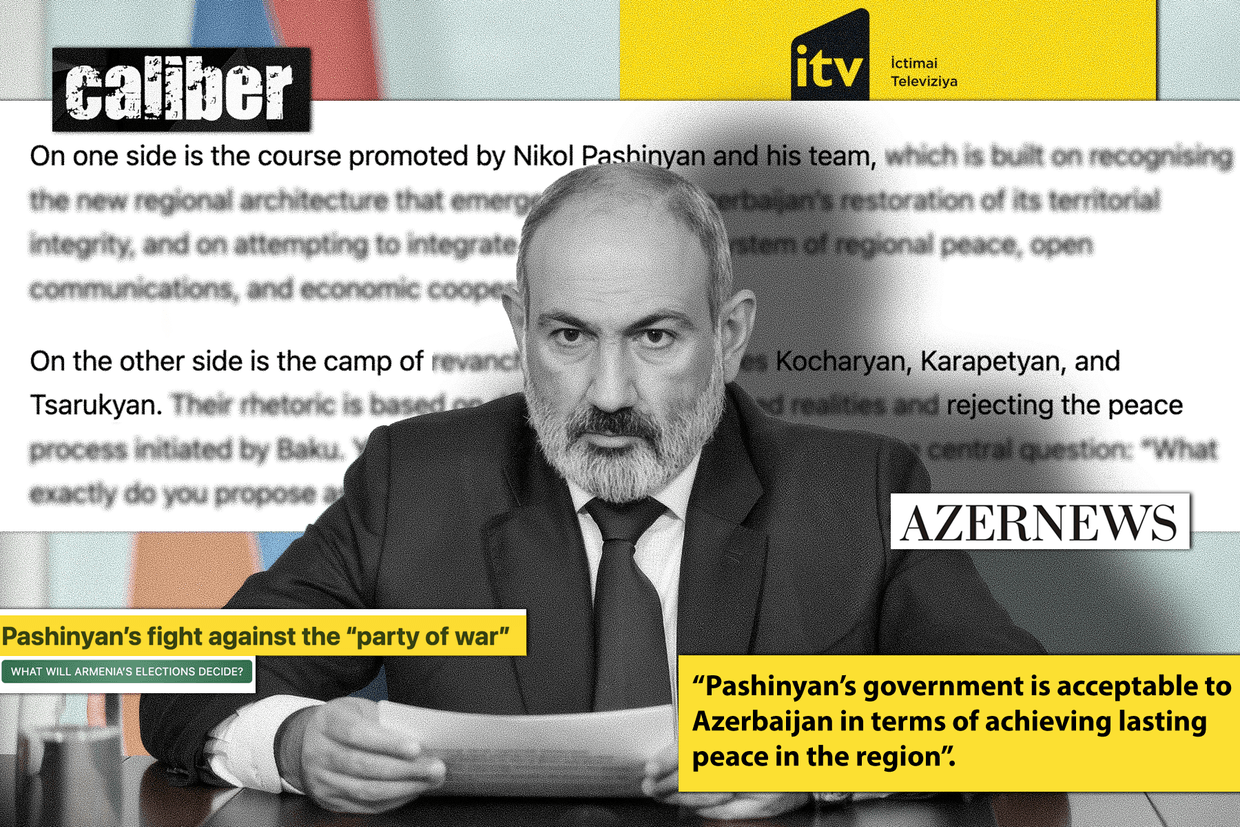 Clips from Azerbaijani media regarding Armenian Prime Minister Nikol Pashinyan, shown in the centre. Graphic by Joseph Katsitadze/OC Media.