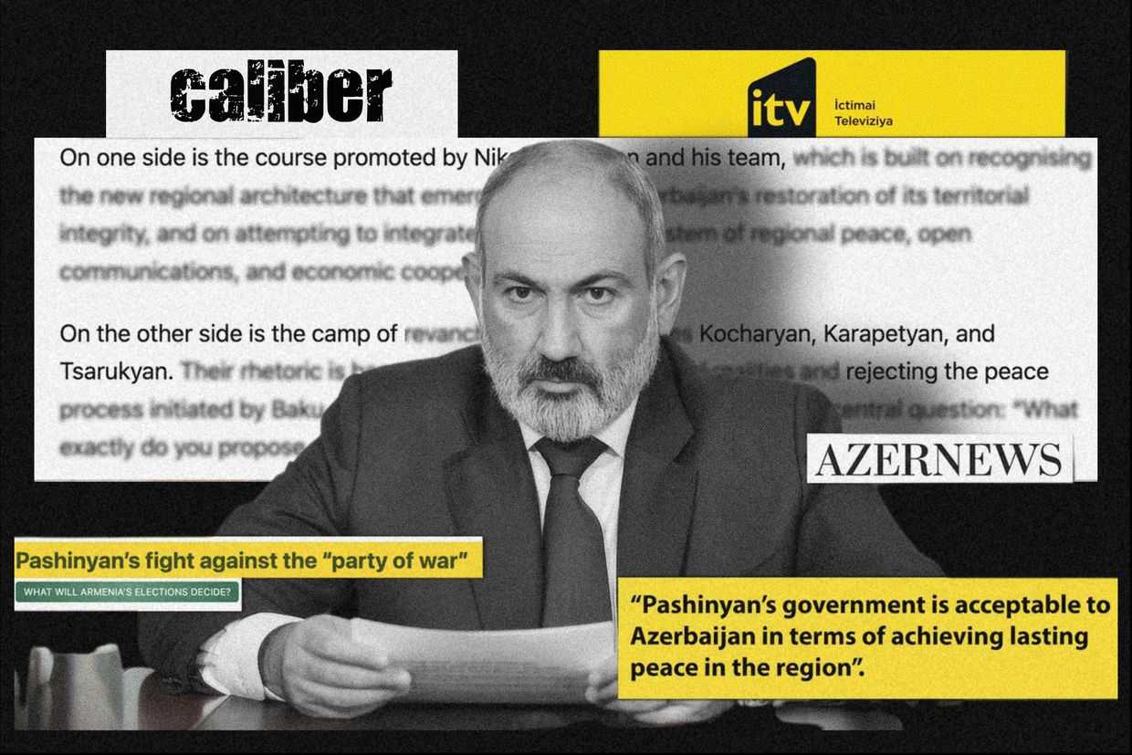 ▲Clips from Azerbaijani media regarding Armenian Prime Minister Nikol Pashinyan, shown in the centre. Graphic by Joseph Katsitadze/OC Media.