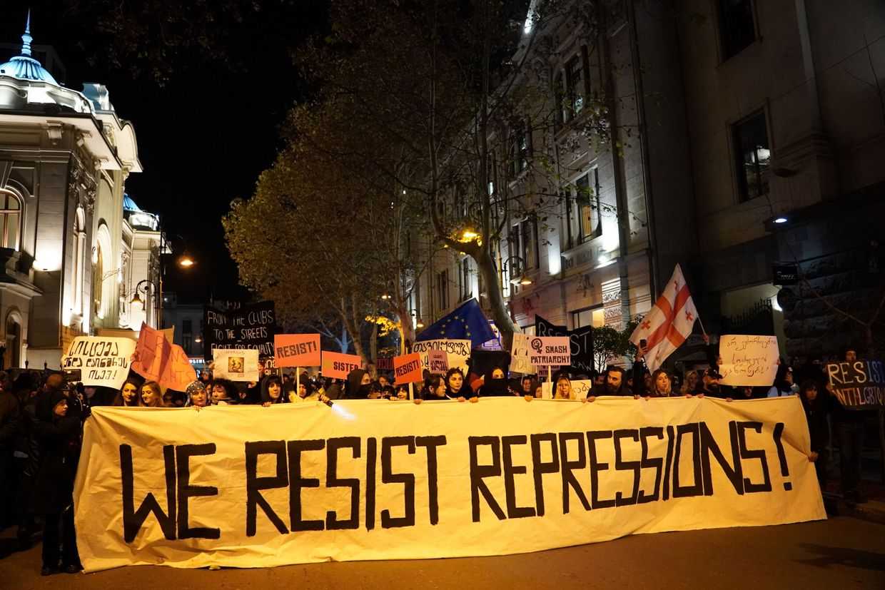 Representatives of Tbilisi’s electronic music scene march from Marjanishvili Square to Georgia’s parliament on 13 December. Photo: Victor Swezey/OC Media.