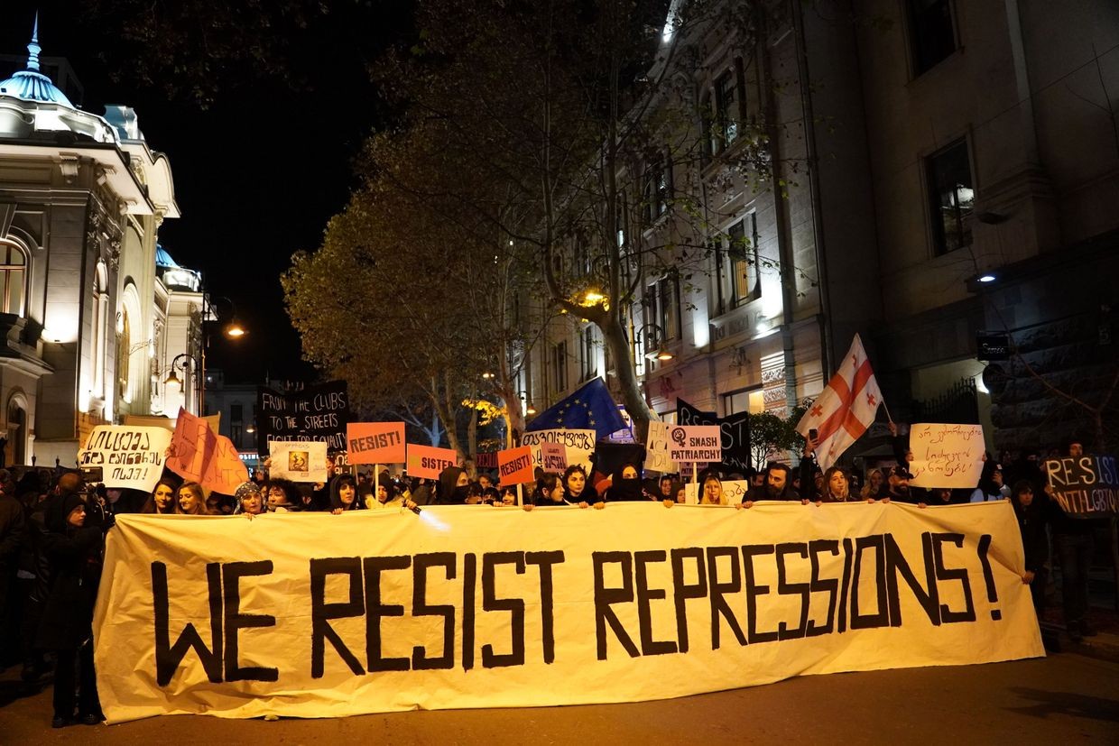 Representatives of Tbilisi’s electronic music scene march from Marjanishvili Square to Georgia’s parliament on 13 December. Photo: Victor Swezey/OC Media.