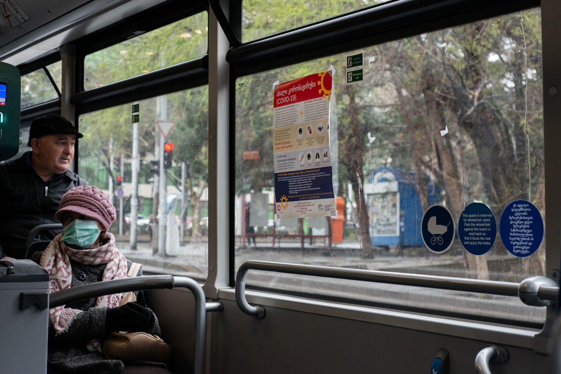 Information about coronavirus in a bus in Tbilisi. Photo: Tamuna Chkareuli/OC Media.