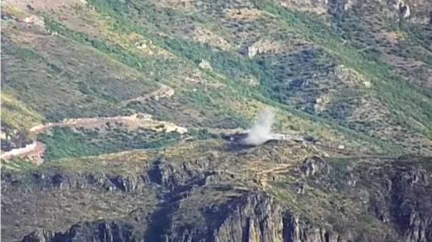Screenshot of a video released by Armenia's Ministry of Defence purportedly showing an artillery strike on Azerbaijani forces.