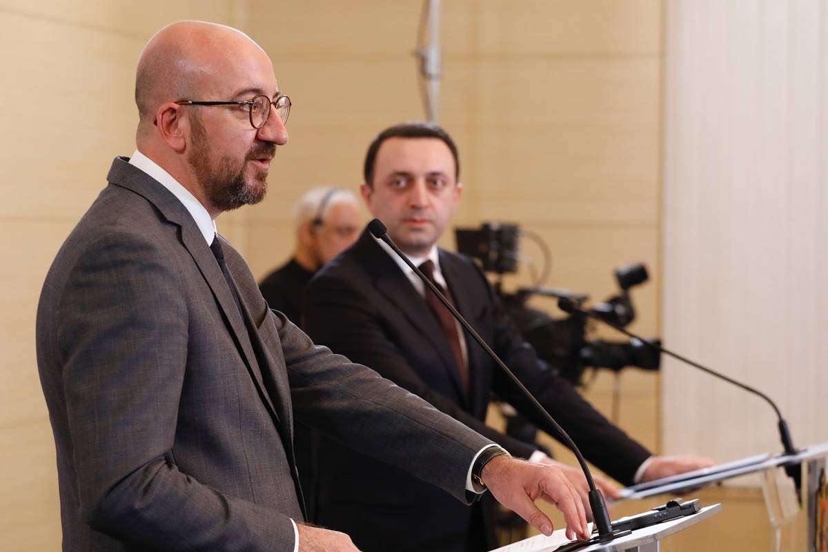 EU Council President Charles Michel and Georgian Prime Minister Irakli Gharibashvili at a press briefing in Tbilisi days after the agreement was signed. Official photo.