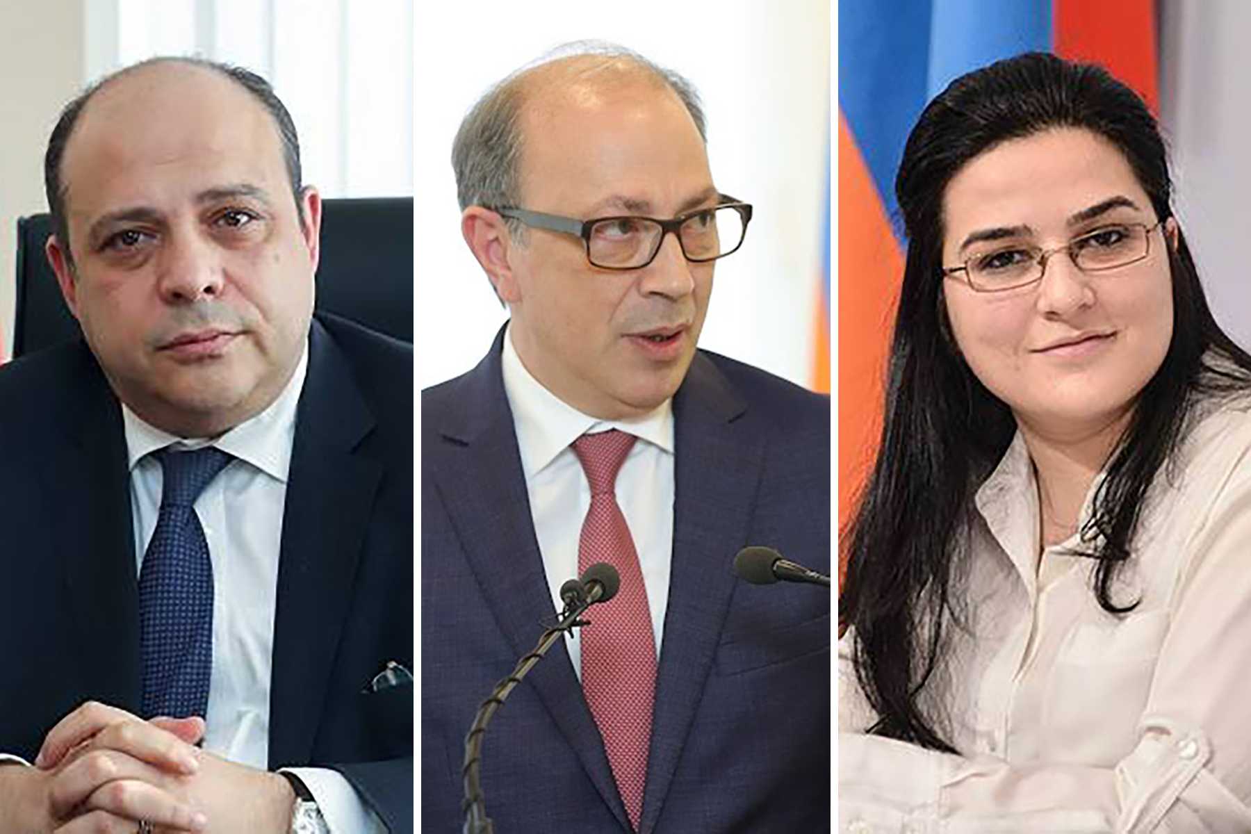 Deputy Foreign Minister Gagik Ghalachyan (left), Foreign Minister Ara Ayvazian (centre), and Foreign Ministry Spokesperson Anna Naghdalyan (right) all resigned in late May. Official photos.