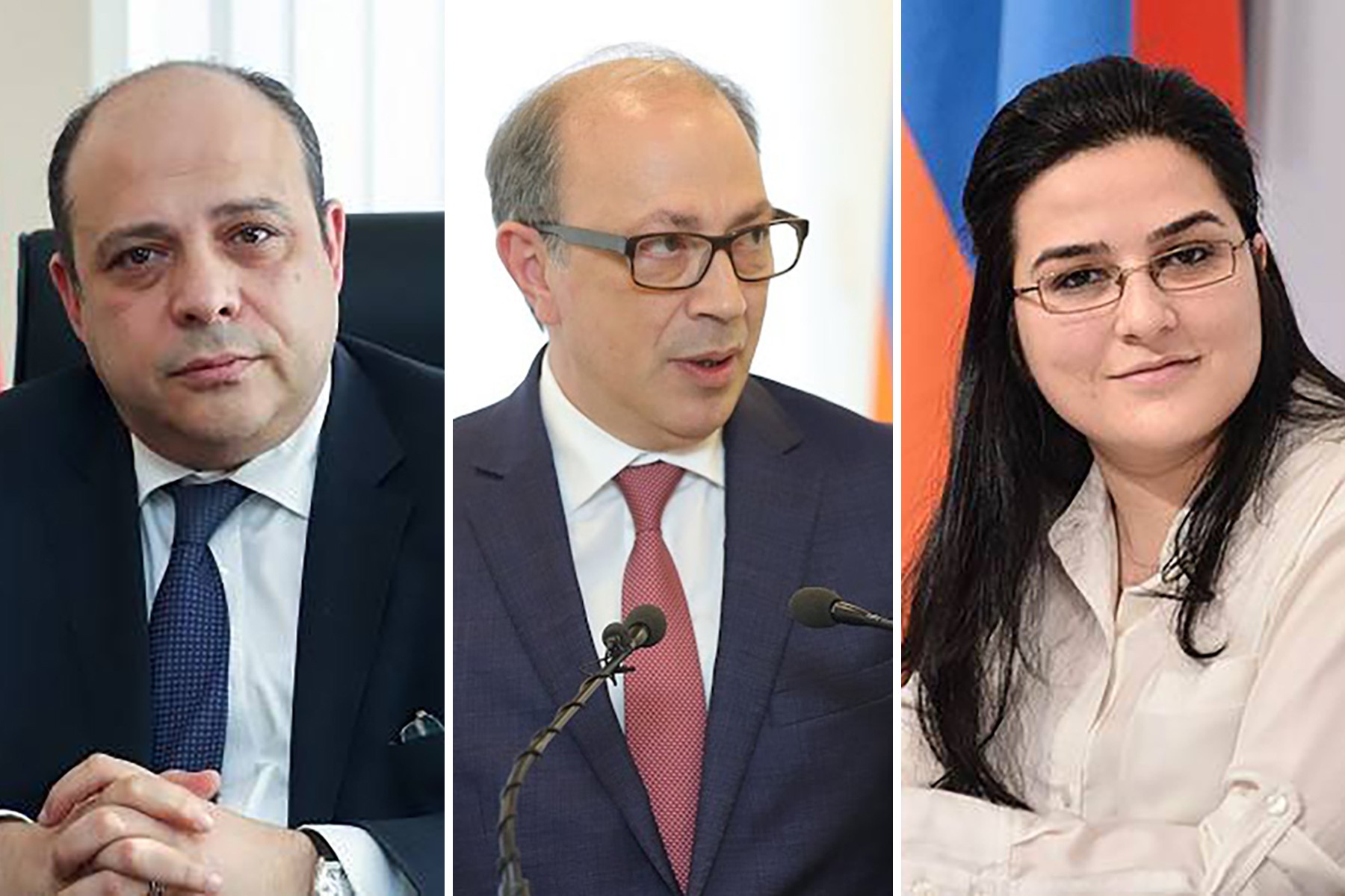 Deputy Foreign Minister Gagik Ghalachyan (left), Foreign Minister Ara Ayvazian (centre), and Foreign Ministry Spokesperson Anna Naghdalyan (right) all resigned in late May. Official photos.