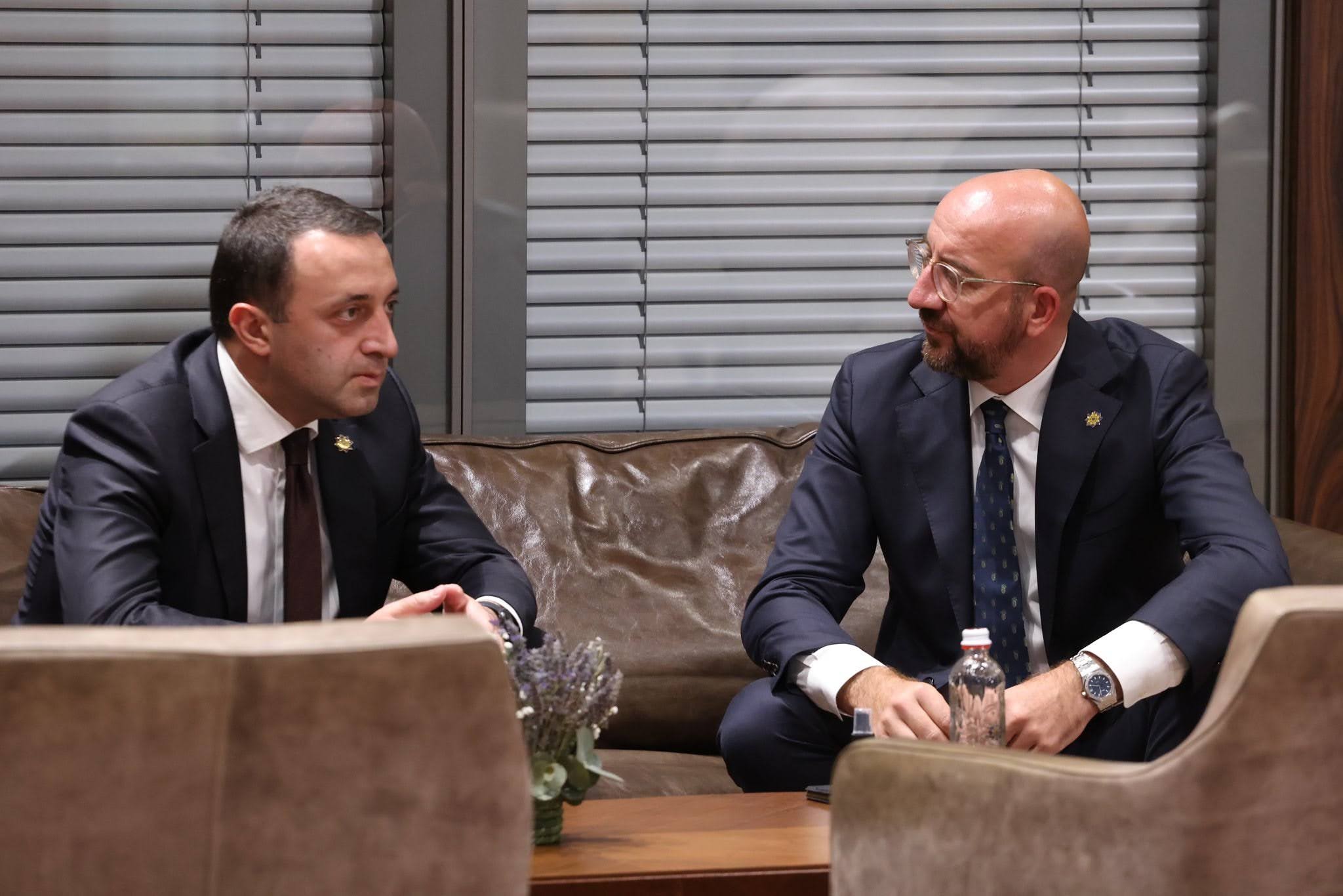 Georgian PM Irakli Gharibashvili and EU Council President Charles Michel meeting in Ukraine on 23 August. Image via @eucopresident, Twitter.