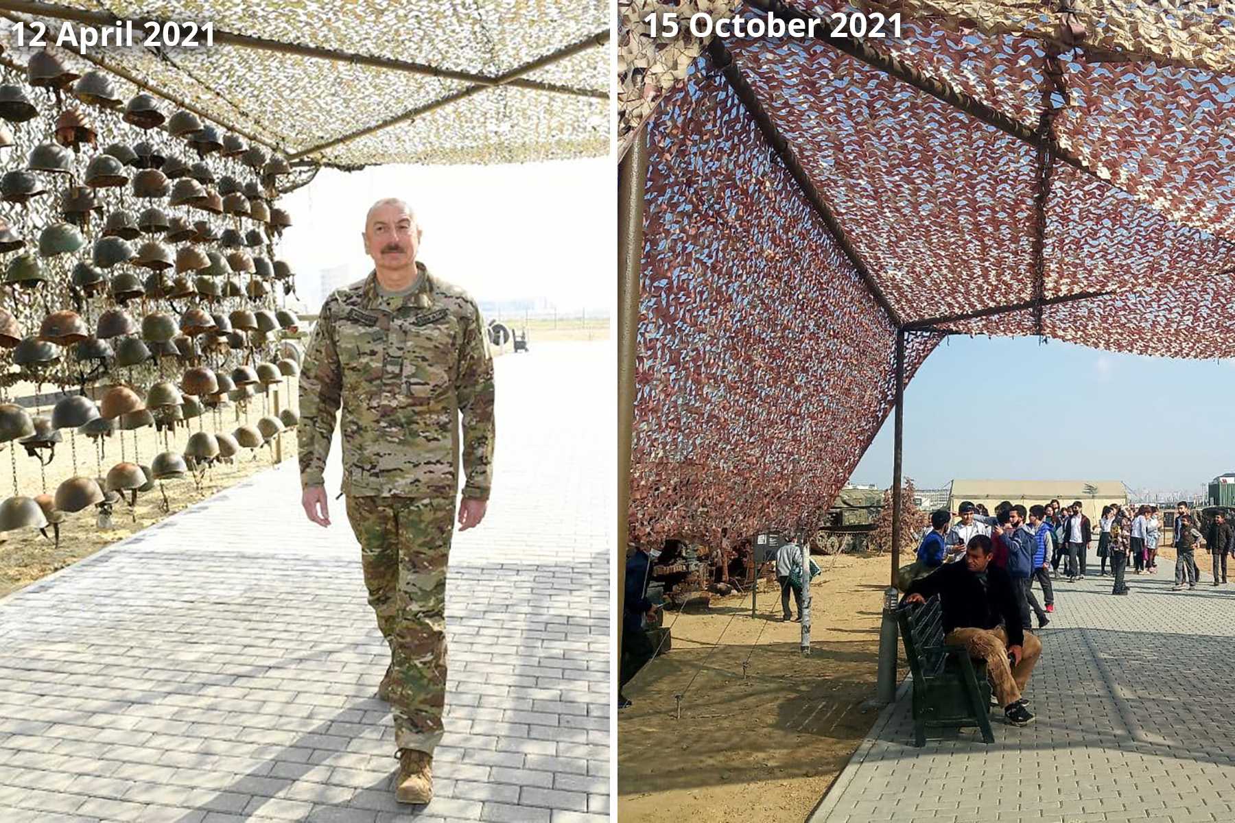 The military trophy park in Baku before and after the removal helmets. Photos: President.az, Mikroskop Media.