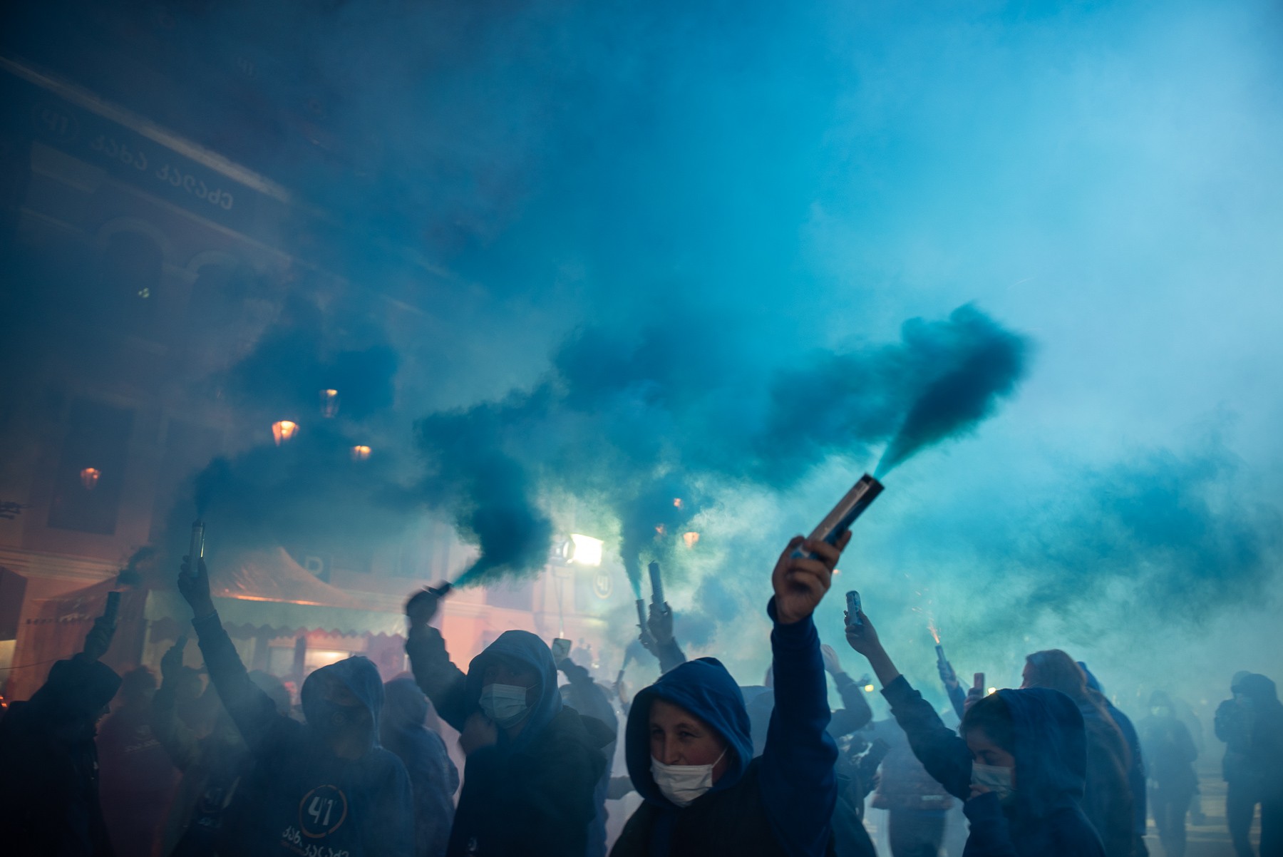 Celebrations outside the Georgian Dream HQ on Saturday evening. Photo: Mariam Nikuradze/OC Media/