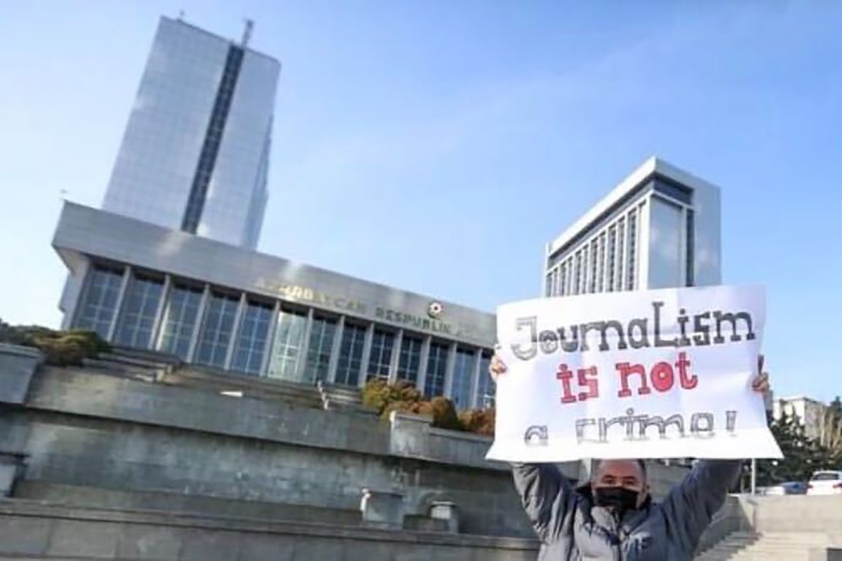 A protest outside the Parliament of Azerbaijan against the new media law. Photo: Aziz Elkhanoghlu.